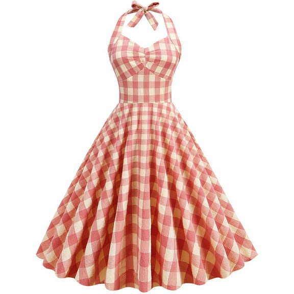 Njagoc3 Womens Long Sleeve Halter Gingham Dress, Fit & Flare, Summer Party & Retro Event Wear, Feminine Fit