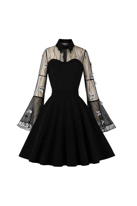 Womens Long Sleeve High - Neck Gothic Mini Dress, Punk Style Party Gown, Edgy Club & Event Wear