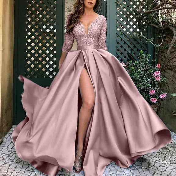 Njagoc3 Womens Long Sleeve High - Slit Ball Gown, V - Neck, Solid Color, Formal Event & Prom Wear, Elegant Fit