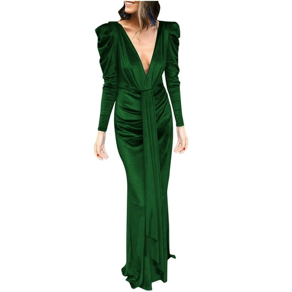 Njagoc3 Womens Long Sleeve High - Slit Maxi Dress, Velvet, Formal Evening & Party Outfit