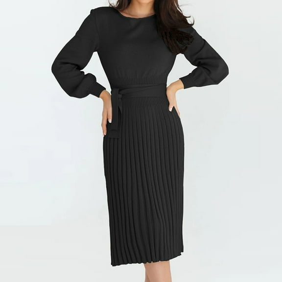 Njagoc3 Womens Long Sleeve Ribbed Midi Dress, Solid Color, Casual Daily & Office Attire