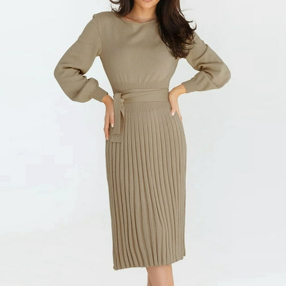 Njagoc3 Womens Long Sleeve Ribbed Midi Dress, Solid Color, Casual Daily & Office Attire