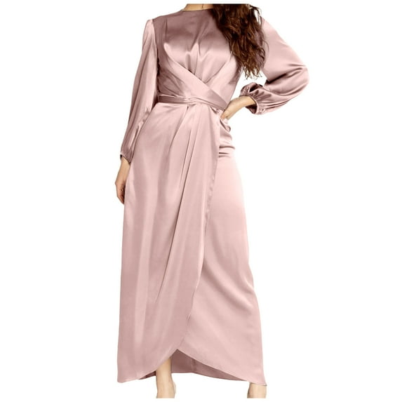 Njagoc3 Womens Long Sleeve Satin Maxi Robe Dress, Elegant Casual & Formal Wear, Floor - Length, Solid Color Styles, for Daily & Evening