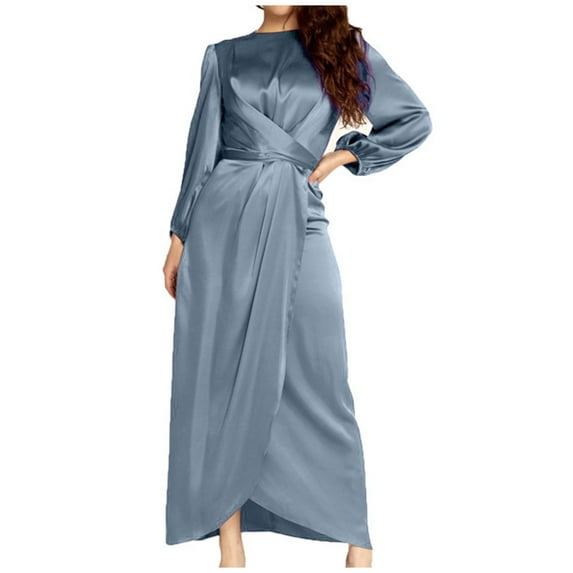Njagoc3 Womens Long Sleeve Satin Maxi Robe Dress, Elegant Casual & Formal Wear, Floor - Length, Solid Color Styles, for Daily & Evening