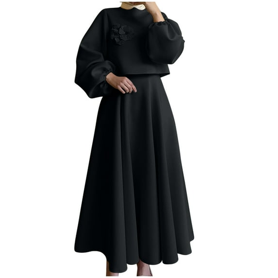 Njagoc3 Womens Long Sleeve Solid Color Vintage Lantern Sleeve Dress, Elegant Daily & Party Outfit, Crew Neck, Floor - Length, for Special Occasions