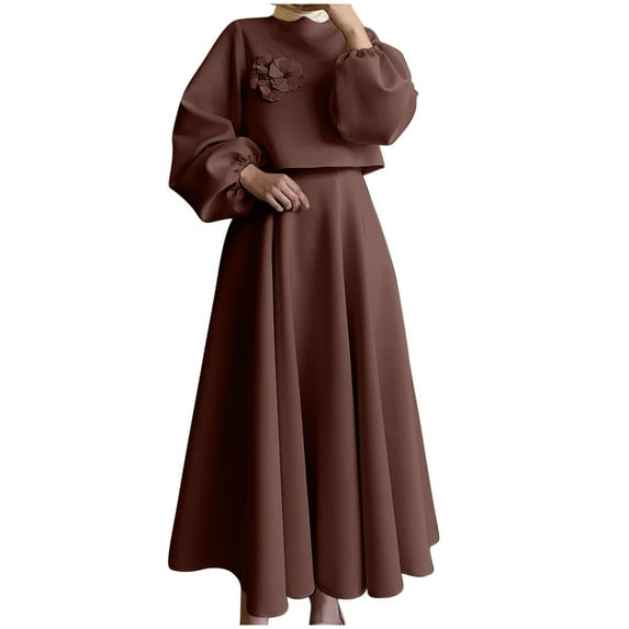 Njagoc3 Womens Long Sleeve Solid Color Vintage Lantern Sleeve Dress, Elegant Daily & Party Outfit, Crew Neck, Floor - Length, for Special Occasions
