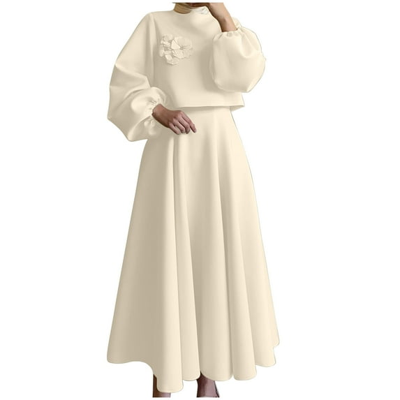 Njagoc3 Womens Long Sleeve Solid Color Vintage Lantern Sleeve Dress, Elegant Daily & Party Outfit, Crew Neck, Floor - Length, for Special Occasions