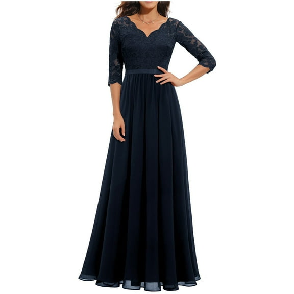 Njagoc3 Womens Long Sleeve V - Neck Chiffon Dress, Floor - Length, Solid Color, Wedding Guest & Formal Occasion, Flowy Fit