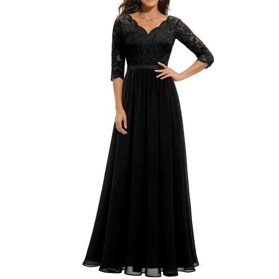 Njagoc3 Womens Long Sleeve V - Neck Chiffon Dress, Floor - Length, Solid Color, Wedding Guest & Formal Occasion, Flowy Fit