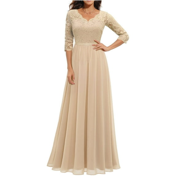 Njagoc3 Womens Long Sleeve V - Neck Chiffon Dress, Floor - Length, Solid Color, Wedding Guest & Formal Occasion, Flowy Fit