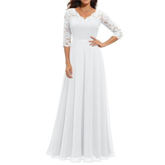 Njagoc3 Womens Long Sleeve V - Neck Chiffon Dress, Floor - Length, Solid Color, Wedding Guest & Formal Occasion, Flowy Fit