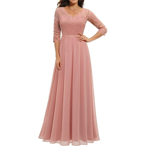 Njagoc3 Womens Long Sleeve V - Neck Chiffon Dress, Floor - Length, Solid Color, Wedding Guest & Formal Occasion, Flowy Fit