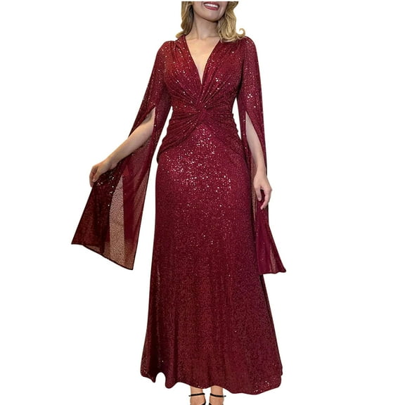 Njagoc3 Womens Long Sleeve V - Neck Flare Dress, Purple, Formal Evening & Date Night Outfit