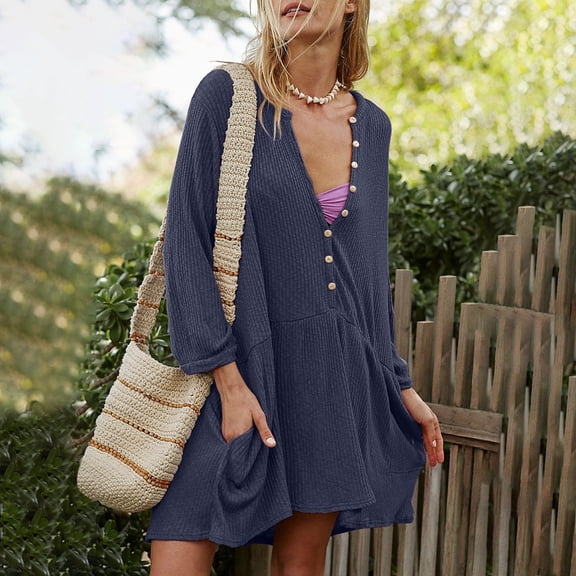 Njagoc3 Womens Long Sleeve V - Neck Loose Midi Dress, Casual Beach & Daily Wear, Lightweight Fabric, Solid Color Styles, for Summer