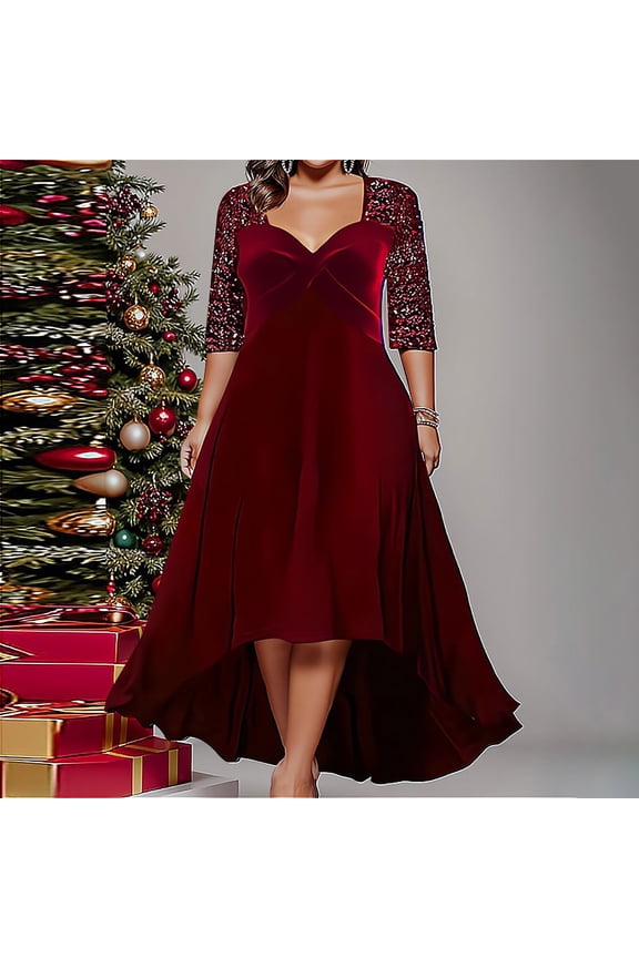 Womens Long Sleeve Velvet V - Neck Asymmetric Dress, Flowy Midi Party Dress, for Christmas & Galas