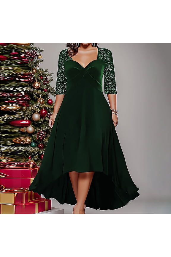 Womens Long Sleeve Velvet V - Neck Asymmetric Dress, Flowy Midi Party Dress, for Christmas & Galas