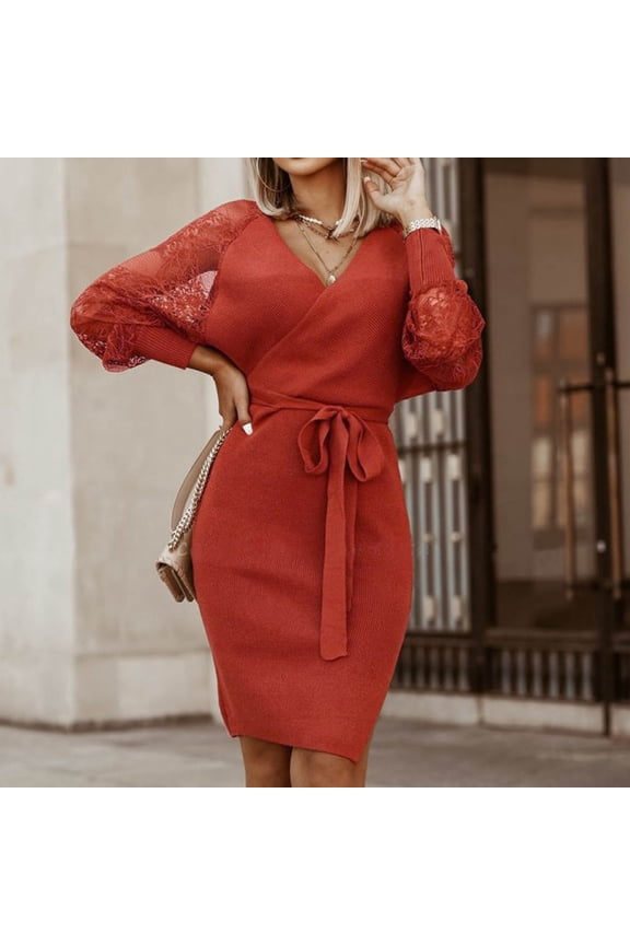 Womens Long Sleeve Wrap - Front Midi Dress, Belted Waist, Spring Casual & Date Night Wear, Flattering Fit