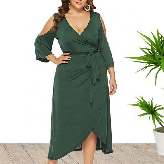 Njagoc3 Womens Long Sleeve Wrap - Front Midi Dress, Cold Shoulder, Solid Color, Summer Evening & Date Look, Slim Fit
