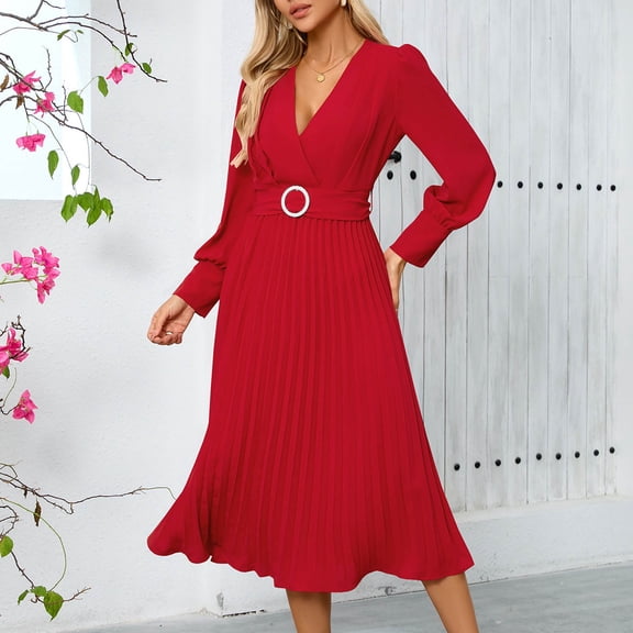 Njagoc3 Womens Long Sleeve Wrap V - Neck Midi Dress, Solid Color, Casual Daily & Brunch Outfit