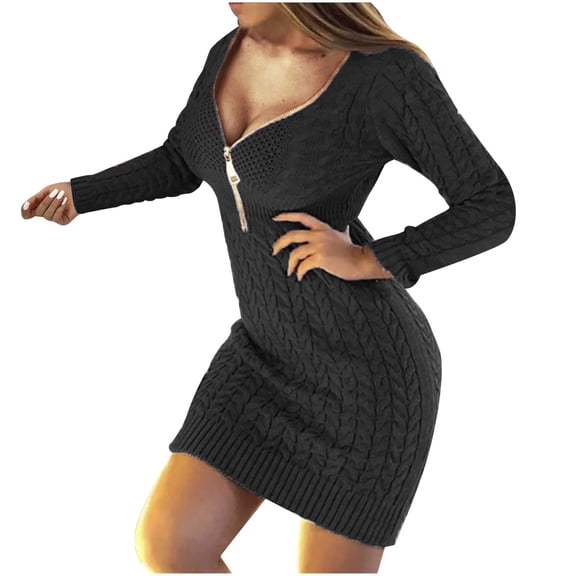 Njagoc3 Womens Long Sleeve Zip - Front Knit Bodycon Dress, Stretchy Party Outfit, Solid Color Styles, Short Length, for Nightclub & Dates
