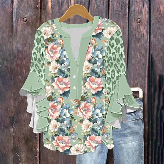 Njagoc3 Womens Loose Floral Print V-Neck Ruffled Bell Sleeve Blouse - Summer Breathable Top
