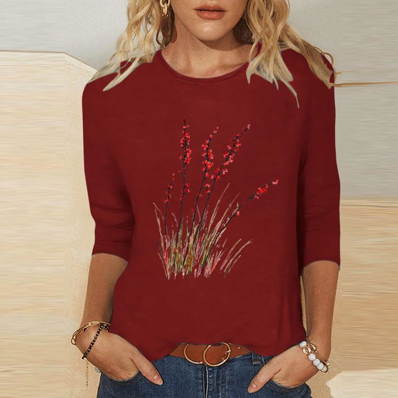 Njagoc3 Womens Meadow Print Solid Top, Soft Cotton, 3/4 Sleeves, Spring Layering, Office Casual & Weekend Errands