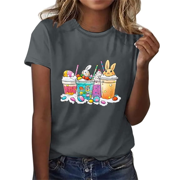 Njagoc3 Womens Minimalist Easter Egg Line Art Print Short Sleeve Crewneck T-Shirt - Spring Casual Top