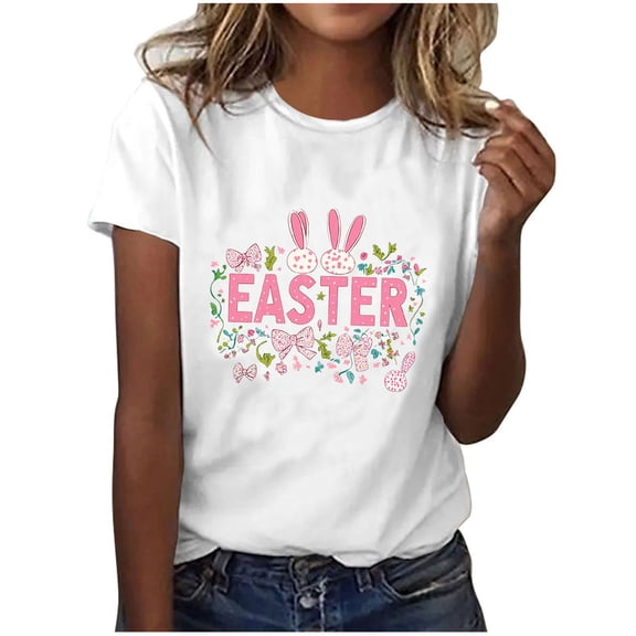 Njagoc3 Womens Minimalist Easter Egg & Vine Floral Print Short Sleeve Crewneck T-Shirt - Nature-Inspired Spring Top