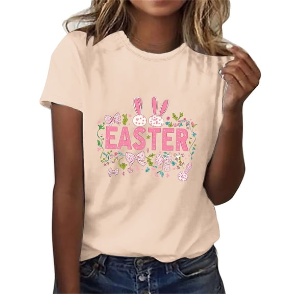 Njagoc3 Womens Minimalist Easter Egg & Vine Floral Print Short Sleeve Crewneck T-Shirt - Nature-Inspired Spring Top