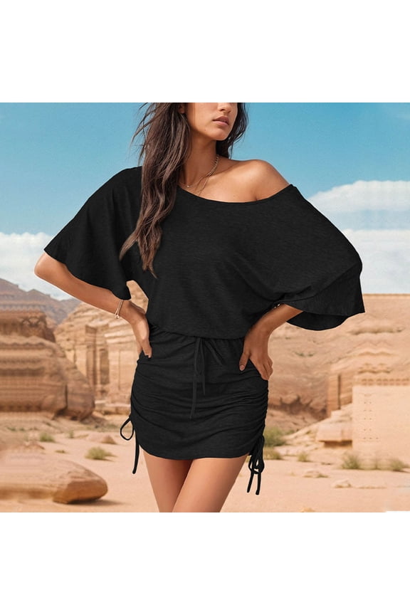 Womens Modern Asymmetric Two-Piece Set-Off-Shoulder Top with Adjustable Waist Tie & Streamlined Midi Skirt, Breathable Stretch Blend for Resort Chic