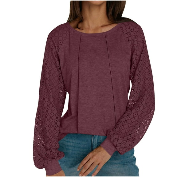 Njagoc3 Womens New Lace Sleeve Round Neck Cover Line Solid Color Casual Blouse