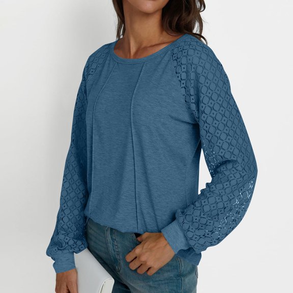 Njagoc3 Womens New Lace Sleeve Round Neck Cover Line Solid Color Casual Blouse