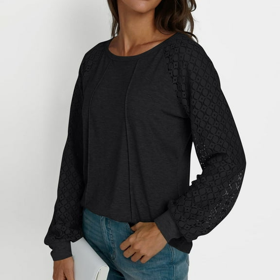 Njagoc3 Womens New Lace Sleeve Round Neck Cover Line Solid Color Casual Blouse