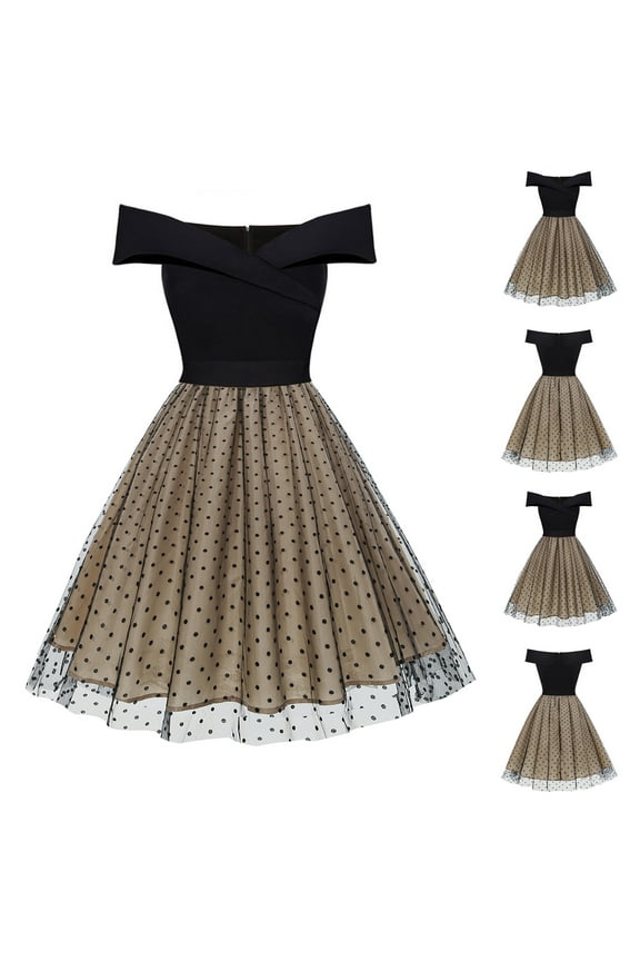 Womens Off - Shoulder Mesh Overlay Fit & Flare Dress, A - Line Formal Gown, Evening Party & Celebration