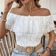 thumbnail image 1 of Njagoc3 Womens Off-The-Shoulder Short Sleeve Lace Ruffled Trim Solid Color Elegant Chic Casual Blouse for Daily & Occasions, 1 of 6