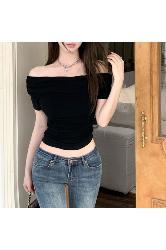 Womens Off-The-Shoulder Short Sleeve Solid Color Simple Chic Summer Blouse for Daily Wear