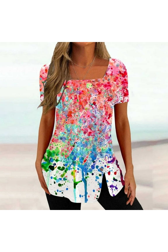 Womens Ombre Blue Asymmetric Hem Top - Gradient Color Block, Breathable Casual Wear for Everyday