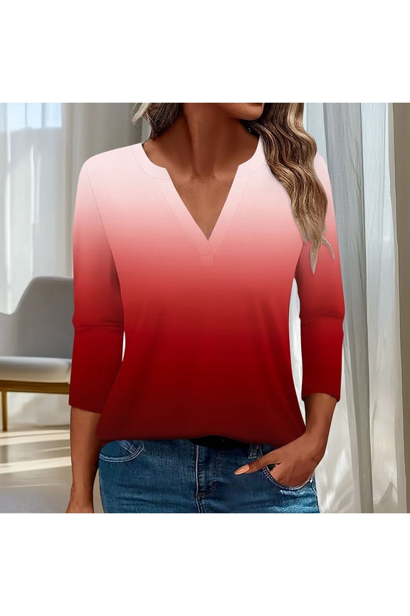 Womens Ombre V - Neck 3/4 Sleeve Blouse, Loose Fit, Soft Fabric, Casual Summer Beach & Daily Wear