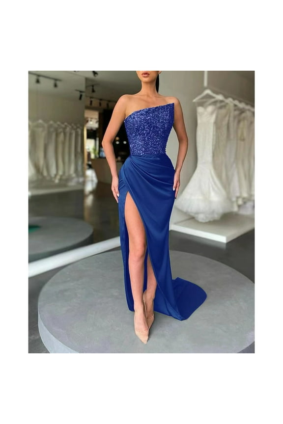 Womens One - Shoulder High - Slit Tulle Dress, Elegant Formal Gown, Prom & Pageant Wear