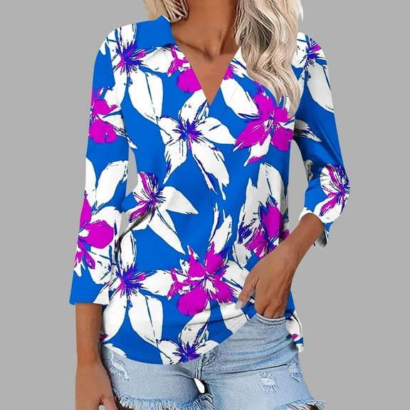 Njagoc3 Womens Orchid Print V-Neck Top, Soft Rayon, 3/4 Sleeves, Summer Tropical Trips, Beach Resorts & Casual Outings