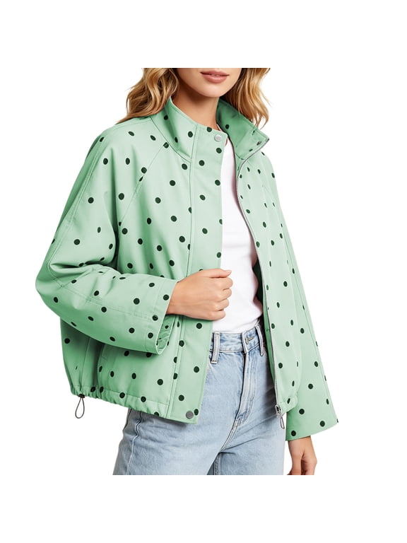 Womens Polka Dot Cropped Jacket Stand Collar Bomber Jacket Lightweight Zip up 2026 Fall Casual Trendy Fashion Jacket Coat with Pockets