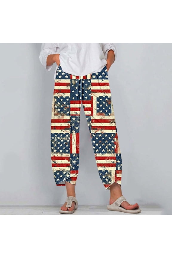 Womens Patchwork American Flag Harem Pants, Loose , Breathable Fabric, Casual Summer Beach & Party Wear