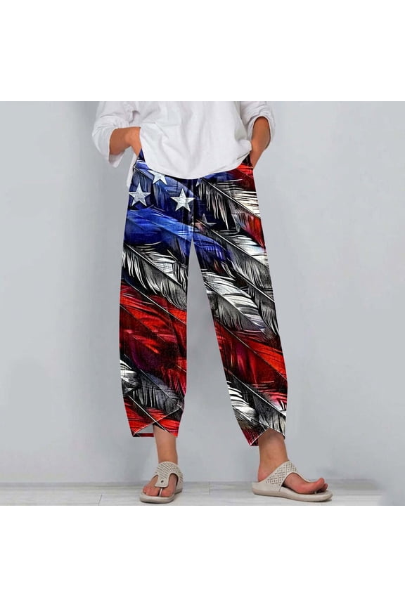 Womens Patriotic Gradient Print Harem Pants, Loose , Lightweight Fabric, Casual Summer Beach & Road Trip Wear