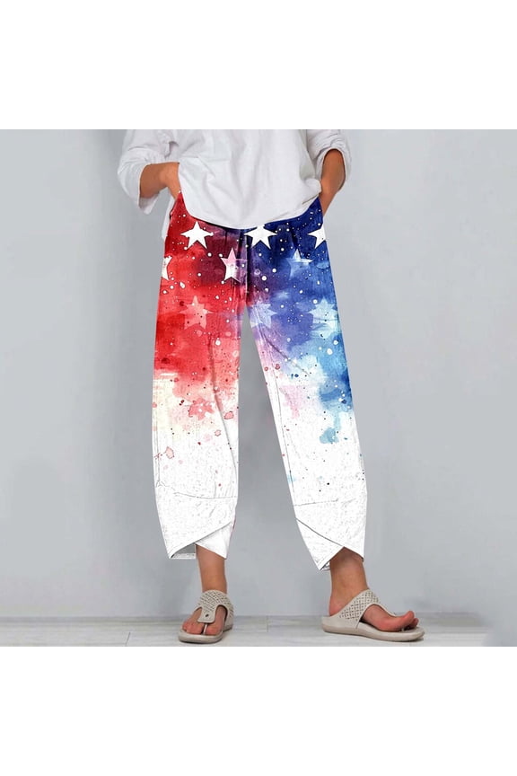 Womens Patriotic Ink - Splash Print Harem Pants, Loose Fit, Lightweight Fabric, Casual Summer Beach & Festival Wear