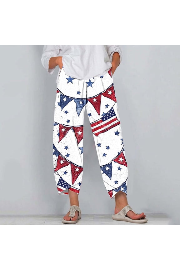 Womens Patriotic Patterned Harem Pants, Loose Fit, Lightweight Fabric, Casual Summer Beach & Lounge Wear