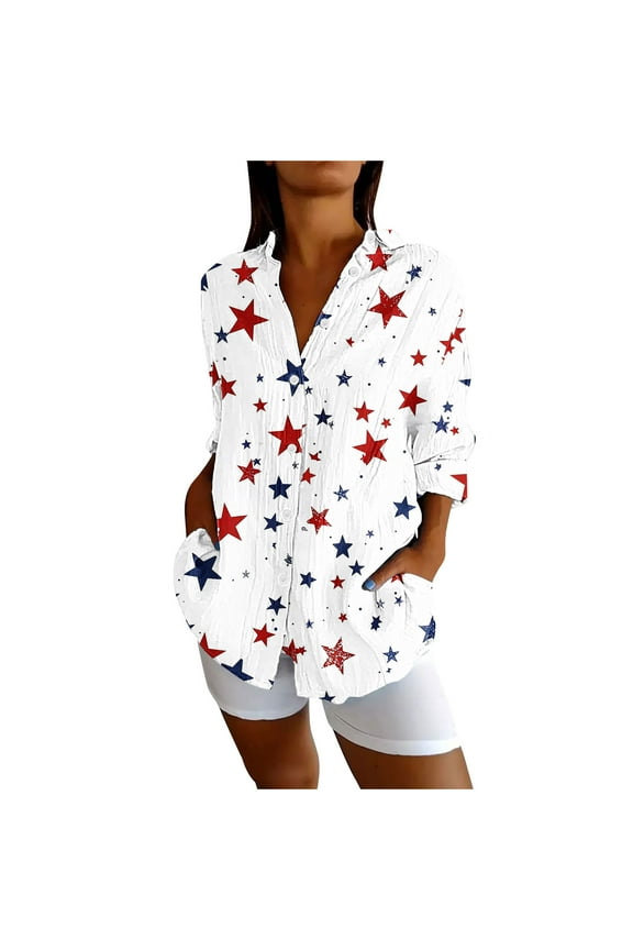 Womens Patriotic Star Stripes Print Shirt, Button-Down, Long Sleeve, 4th of July Summer & Fall Top