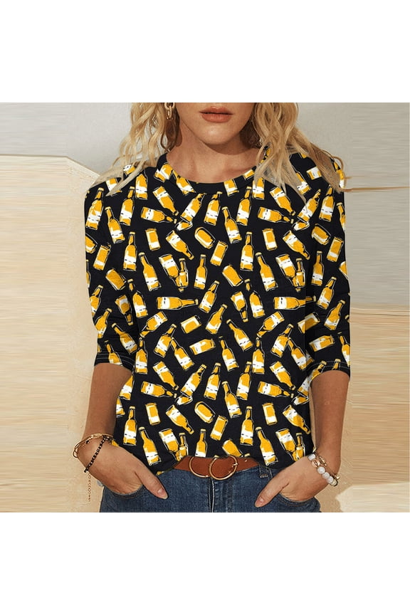 Womens Pineapple Print Top, 3/4 Sleeves, Loose Fit, Vibrant Design, Casual Spring & Summer Poolside Lounging