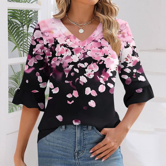 Njagoc3 Womens Pink Floral Print Top, Short Sleeve, Loose Fit, Romantic Spring & Summer Date Night Wear