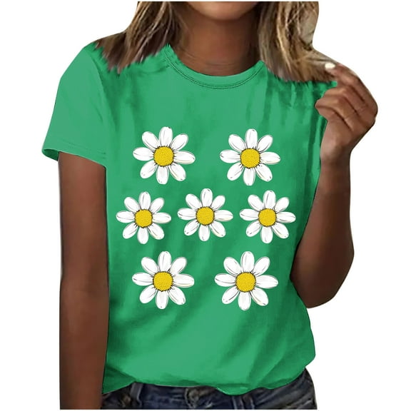 Njagoc3 Womens Pink Floral Sunflower T-Shirt Feminine Short Sleeve Comfort Fit