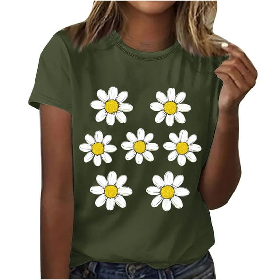 Njagoc3 Womens Pink Floral Sunflower T-Shirt Feminine Short Sleeve Comfort Fit